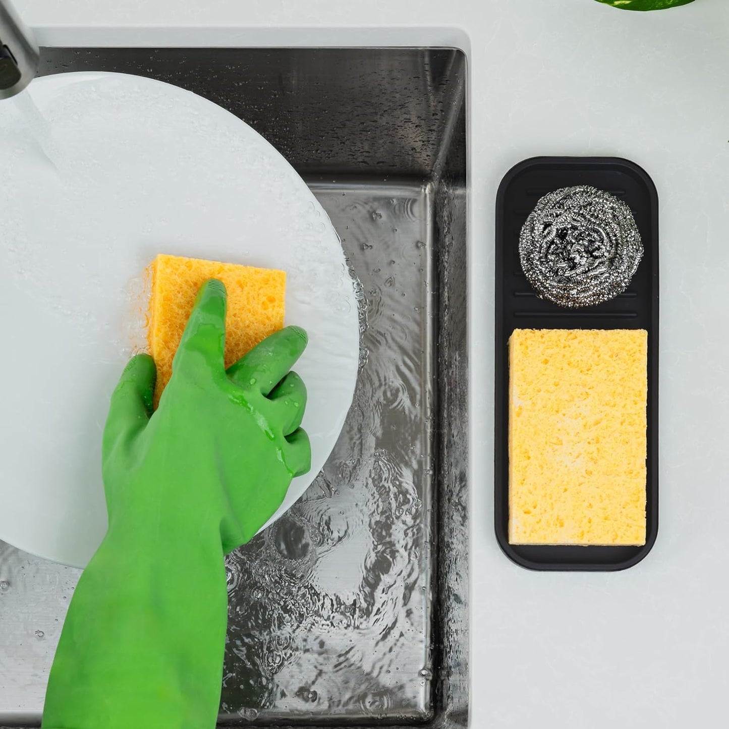 Zulay Kitchen (9x3.5in Sponge Holder for Kitchen Sink - Flexible Heavy-duty Multipurpose Sink Caddy - Counter Organizer for Kitchen, Bathroom, Makeup, Trinkets & More! (Grey)