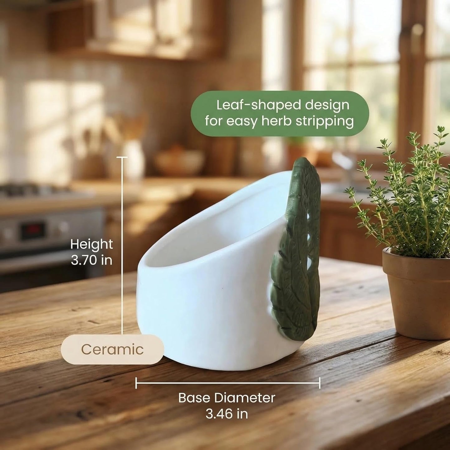 dgudgu Ceramic Leaf Herb Stripper Bowl - Realistic Leaf Shaped Pottery with 4 Sized Vein Holes, Decorative Green Kitchen Tool for Stripping Thyme, Rosemary & Herbs