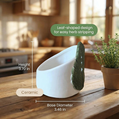 dgudgu Ceramic Leaf Herb Stripper Bowl - Realistic Leaf Shaped Pottery with 4 Sized Vein Holes, Decorative Green Kitchen Tool for Stripping Thyme, Rosemary & Herbs