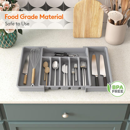 Lifewit Silverware Drawer Organizer, Expandable Utensil Tray for Kitchen, BPA Free Flatware and Cutlery Holder, Adjustable Plastic Storage for Spoons Forks Knives, 11-18 x 14", Black