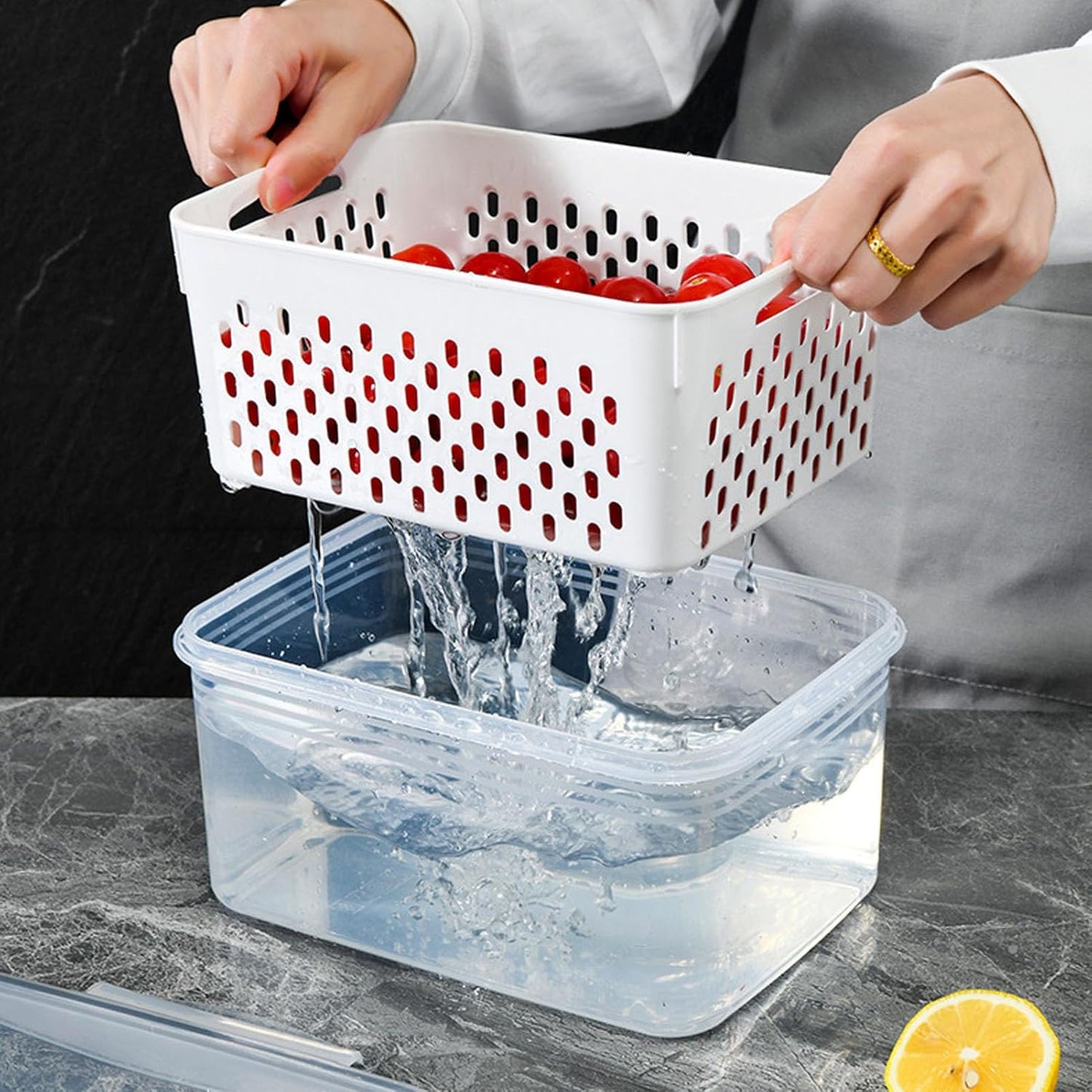 Drain Storage Basket, Fruit Storage Containers for Fridge with Removable Colander and Lid Produce Containers Keep Fruits Vegetables Meat Freshness (1750ML)