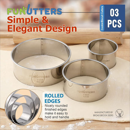 Cookie Cutter Set, 4 Pc. Kit, Measuring 2'', 3'', 4'' and 5'', Round Metal Baking Rings for Pastry, Biscuits, and Dough Cutting, Heavy Duty and Reusable, Multiple Sizes