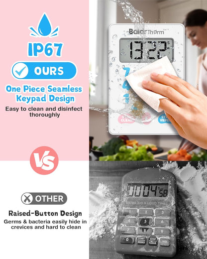 BaldrTherm Digital Kitchen Timer, Magnetic Waterproof Countdown Timer for Cooking, Shower, Workout, Classroom, Hair Color Processing, White.