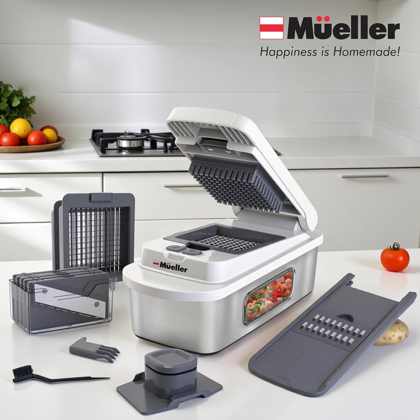 Mueller Pro-Series 10-in-1, 8 Blade Vegetable Chopper, Onion Mincer, Cutter, Dicer, Egg Slicer with Container, French Fry Cutter Potato Slicer, Home Essentials, Salad Chopper White Sand/Green