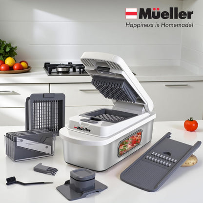 Mueller Pro-Series 10-in-1, 8 Blade Vegetable Chopper, Onion Mincer, Cutter, Dicer, Egg Slicer with Container, French Fry Cutter Potato Slicer, Home Essentials, Salad Chopper White Sand/Green