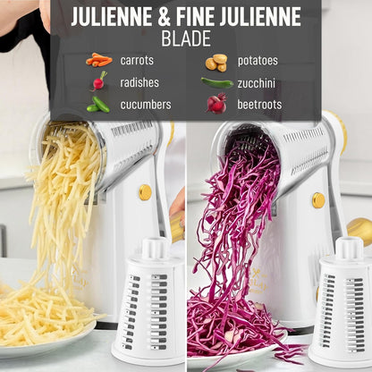 Zulay Kitchen Rotary Cheese Grater 5 Blade Cheese Shredder - Manual Hand Crank Cheese Grater With Reinforced Suction & 5 Interchangeable Drums - Easy to Use, Vegetable Chopper Round Mandoline Slicer - Colors A