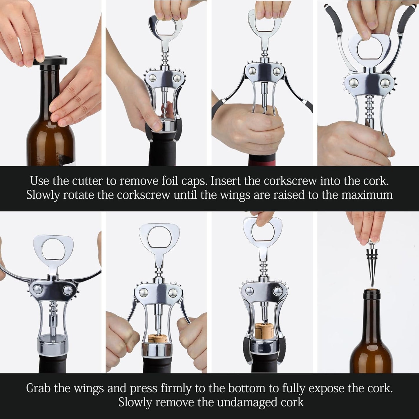 KORCCI Wine Opener, Heavy-Duty Zinc Alloy Wing Corkscrew, Premium Beer Bottle Opener, Multifunctional Wine Accessories with Ergonomic Handle and Sharp Screw, for Kitchen, Bar, Restaurant (SILVER)