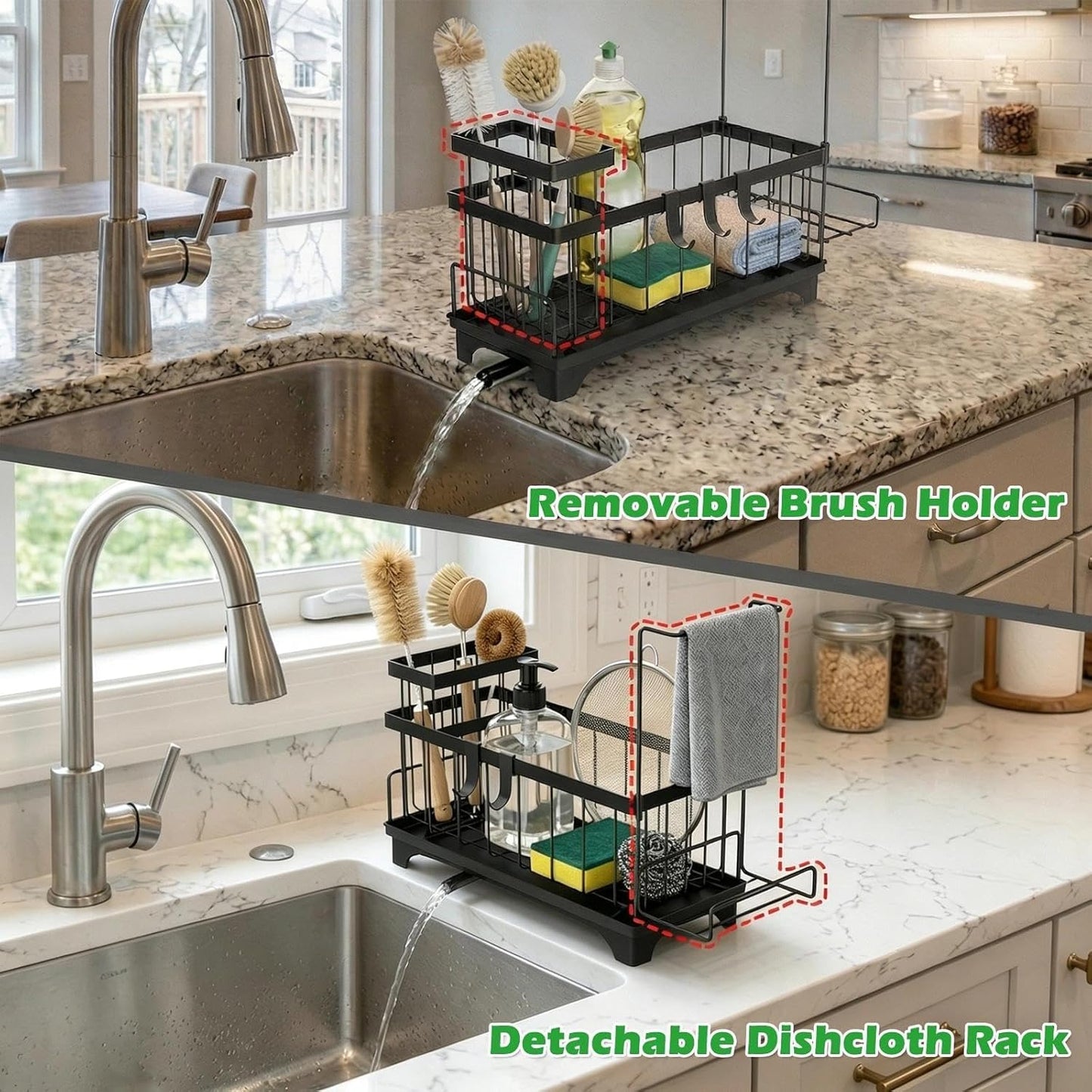 Sponge Holder for Kitchen Sink, Sink Caddy Organizer with Detachable Cloth & Brush Holder, Self-Draining Sponge Caddy Organizer with 360° Rotatable Spout, Kitchen Countertop Storage Accessories(White)
