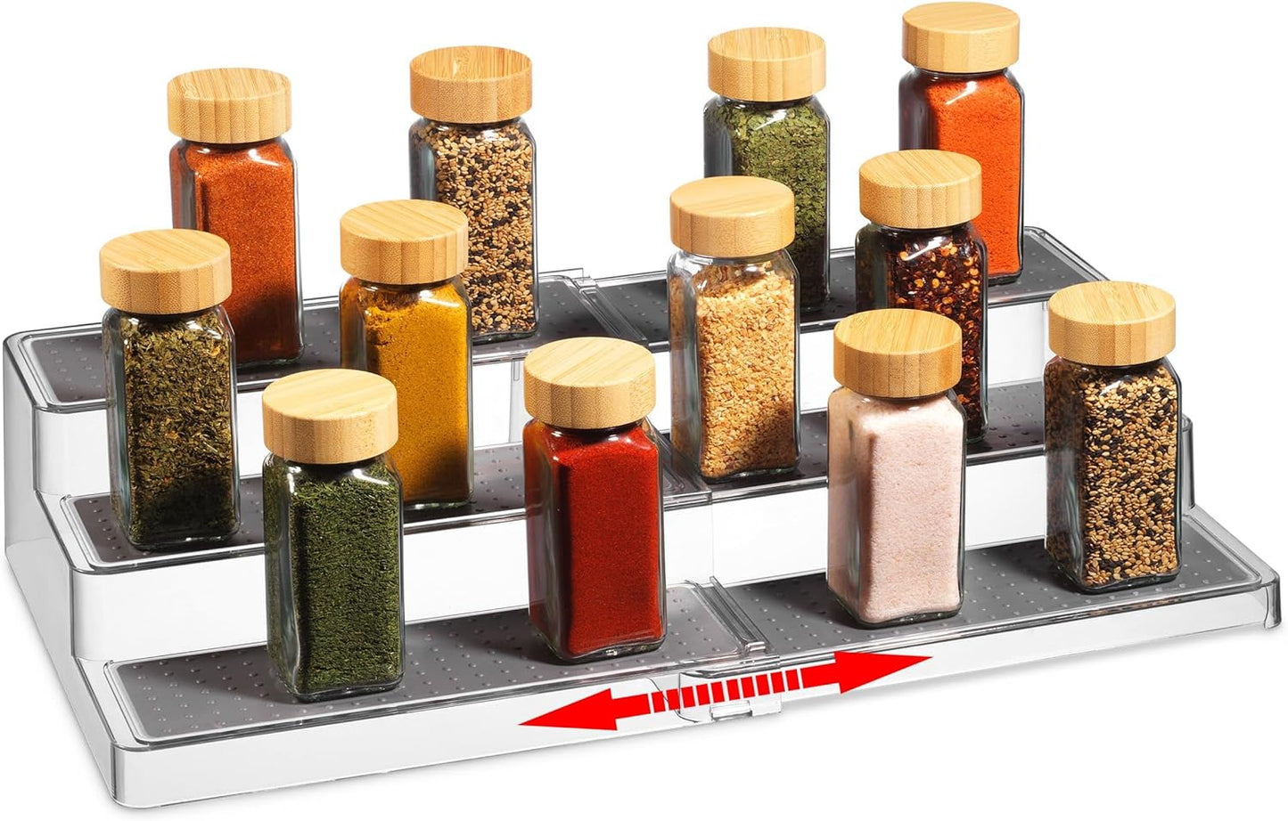 Oizeir 3–Tier Expandable Plastic Spice Rack - Adjustable Length, Stability with Non-Skid Shelf, Three Tiers for Easy Visibility, Organizer for Kitchen Cabinet, Pantry or Countertop, White/Grey