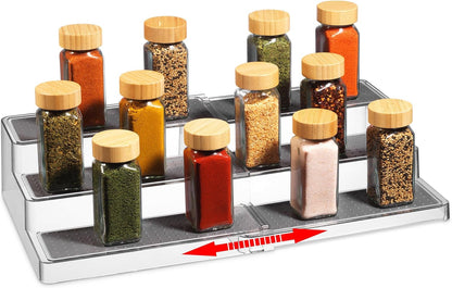 Oizeir 3–Tier Expandable Plastic Spice Rack - Adjustable Length, Stability with Non-Skid Shelf, Three Tiers for Easy Visibility, Organizer for Kitchen Cabinet, Pantry or Countertop, White/Grey