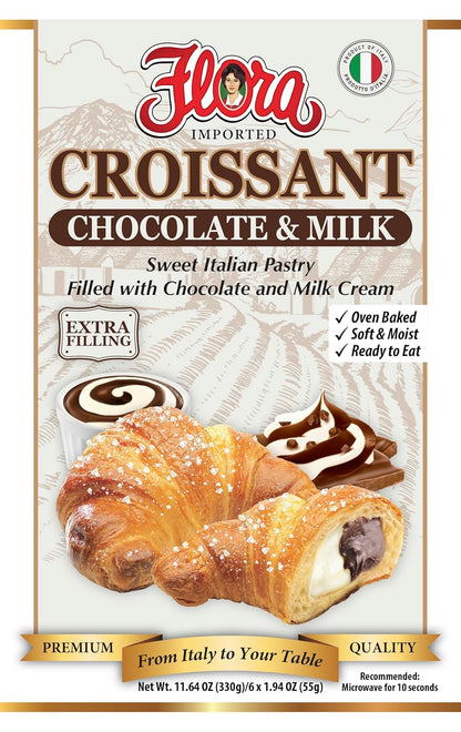 Flora Chocolate & Milk Croissants – Italian Pastry with Chocolate & Milk Cream Filling | Soft, Oven-Baked & Ready to Eat | Imported from Italy (Pack of 6)
