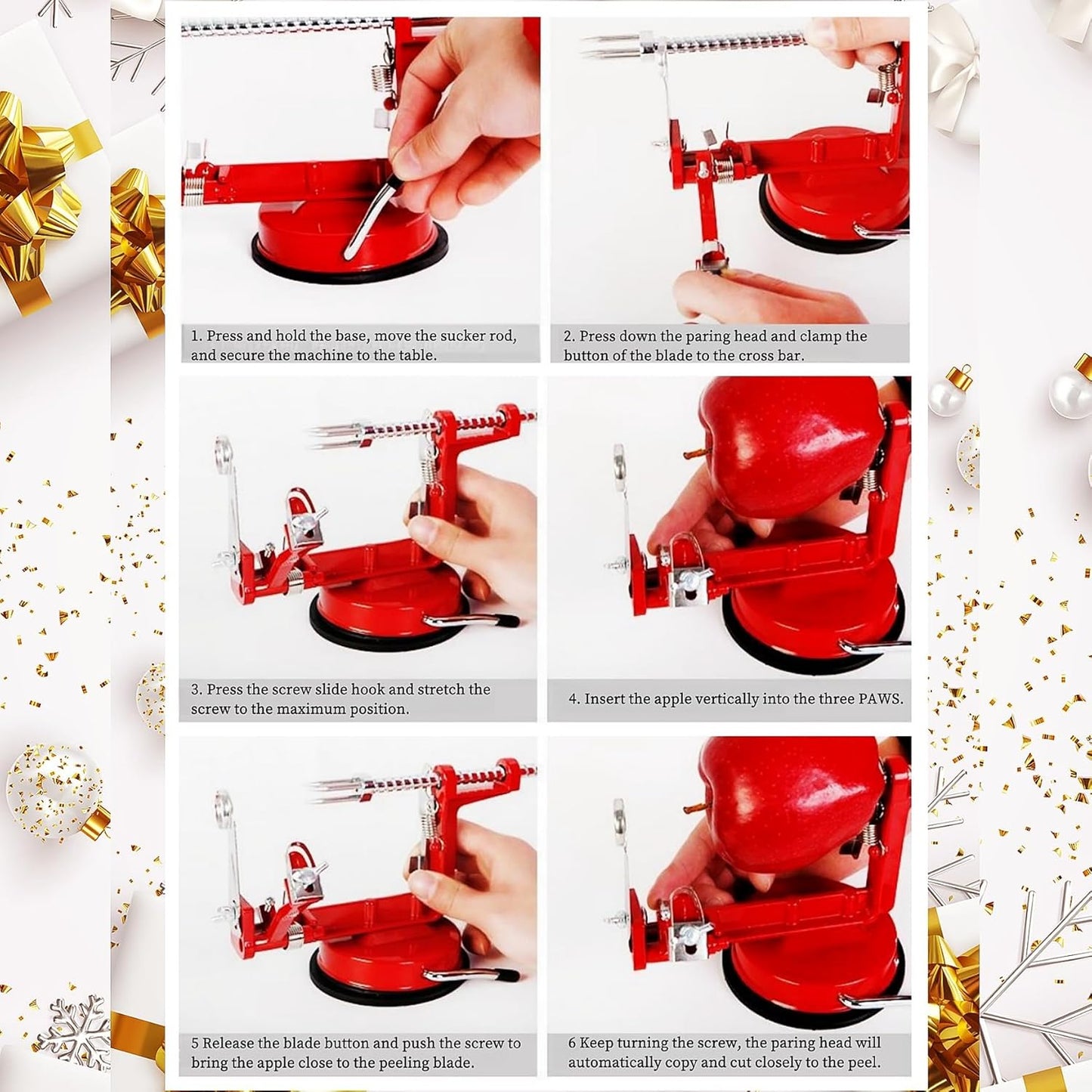 LUCKYLIGHT 3-in-1 Apple Spiralizer & Peeler – Stainless Steel Apple Slicer Corer with Adjustable Blade, Powerful Suction Base for Fruits & Vegetables (Red)