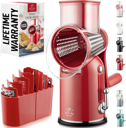 Zulay Kitchen Rotary Cheese Grater 5 Blade Cheese Shredder - Manual Hand Crank Cheese Grater With Reinforced Suction & 5 Interchangeable Drums - Easy to Use, Vegetable Chopper Round Mandoline Slicer - Colors B