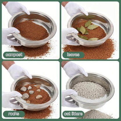 Soil Sieve Set Stainless Steel Garden Soil Sifter, Compost Mesh Sifter with 5 Interchangeable Mesh 1/3/6/9/12mm and Soil Scoops for Sand, Bonsai Soil, Rock, Filtration