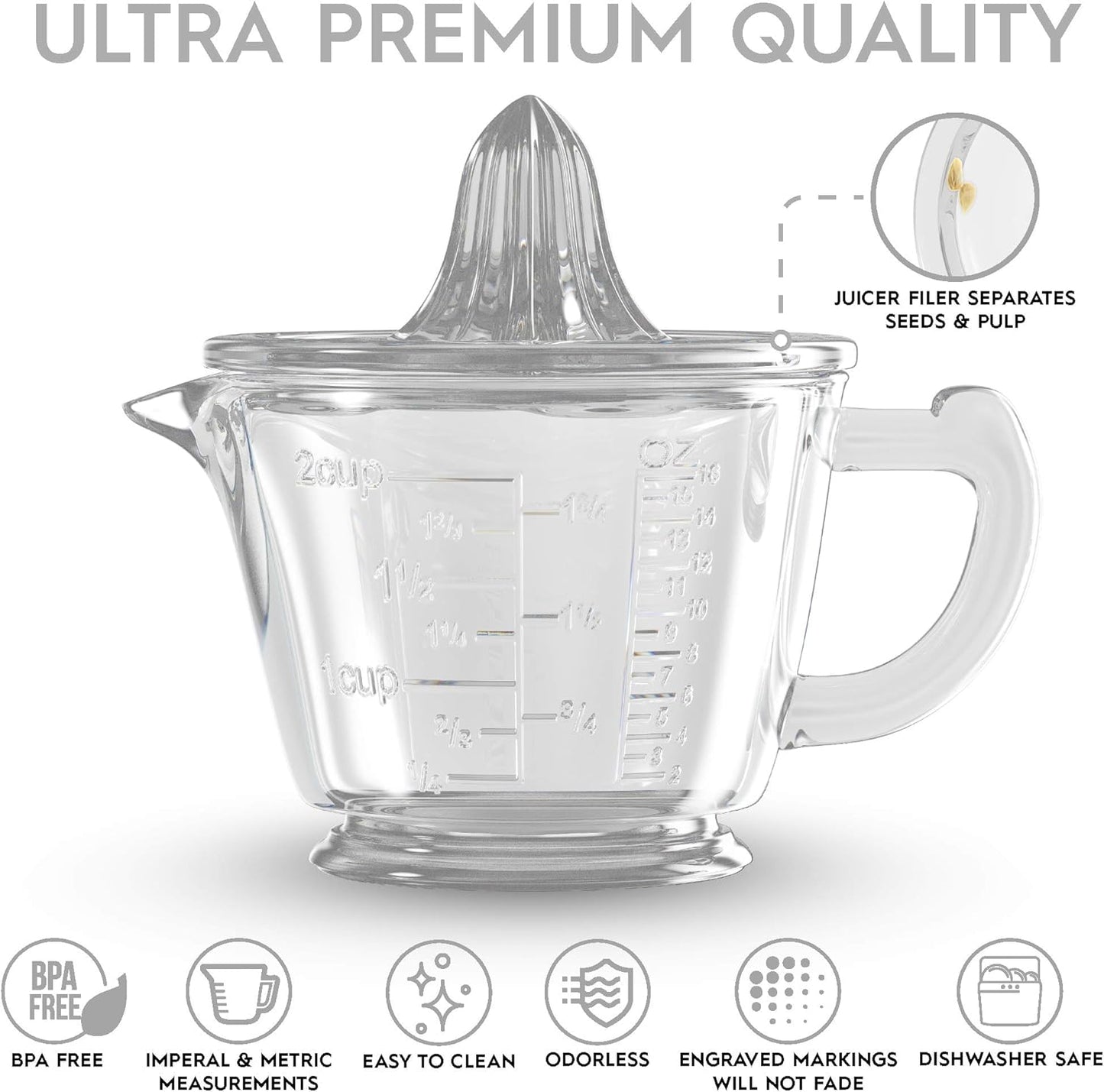 CuttleLab Glass 2-Cup Juicer (Clear) - Lemon and Lime Manual Squeezer, Citrus Reamer