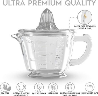 CuttleLab Glass 2-Cup Juicer (Clear) - Lemon and Lime Manual Squeezer, Citrus Reamer