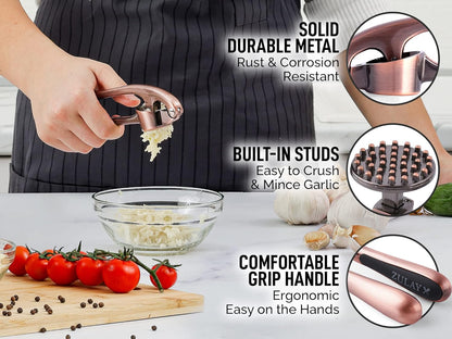Zulay Kitchen Premium Garlic Press Set - Rust Proof Professional Garlic Mincer Tool - Easy-Squeeze, Easy-Clean with Soft, Ergonomic Handle - Silicone Garlic Peeler & Brush (Silver)