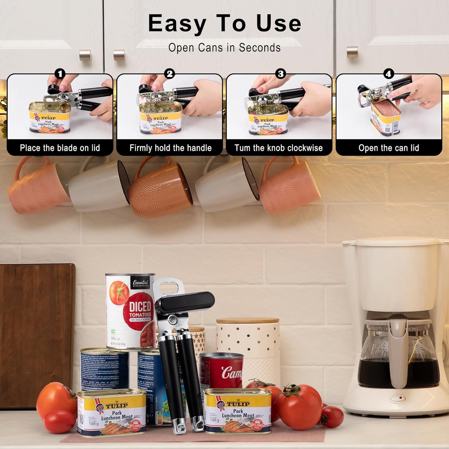 Urbanstrive XL Large Heavy Duty Can Opener Manual Smooth Edge, Hand Held Can Openers for Seniors, Stainless Steel, Comfortable Handle, Built-in Bottle Opener, 8.66 inch (Red)