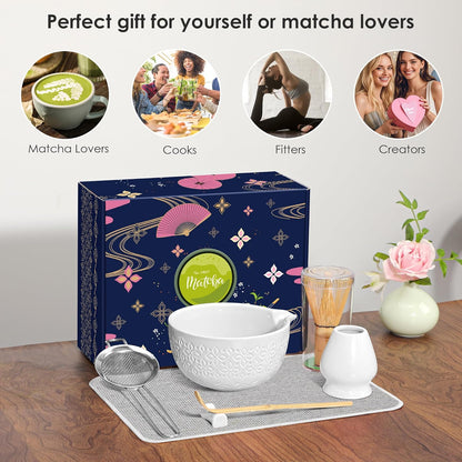 Matcha Whisk Set Matcha Kit - 7 Pcs Japanese Tea Set Includes Matcha Bowl with Spout,Bamboo Whisk with Ceramic Holder,Bamboo Scoop and Rest,Sifter,Tea Towel, for Ceremony Matcha Lovers Gift,Green