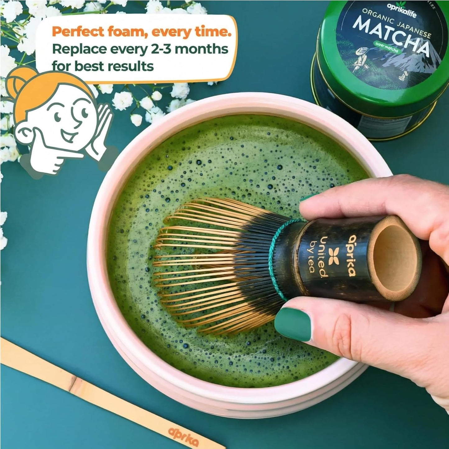 Aprika Life Matcha Bamboo Whisk Set with Holder | 100 Prong Chasen, Bamboo Scoop & Glass Whisk Holder | Matcha Whisk and Holder Starter Kit