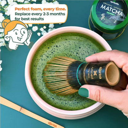 Aprika Life Matcha Bamboo Whisk Set with Holder | 100 Prong Chasen, Bamboo Scoop & Glass Whisk Holder | Matcha Whisk and Holder Starter Kit