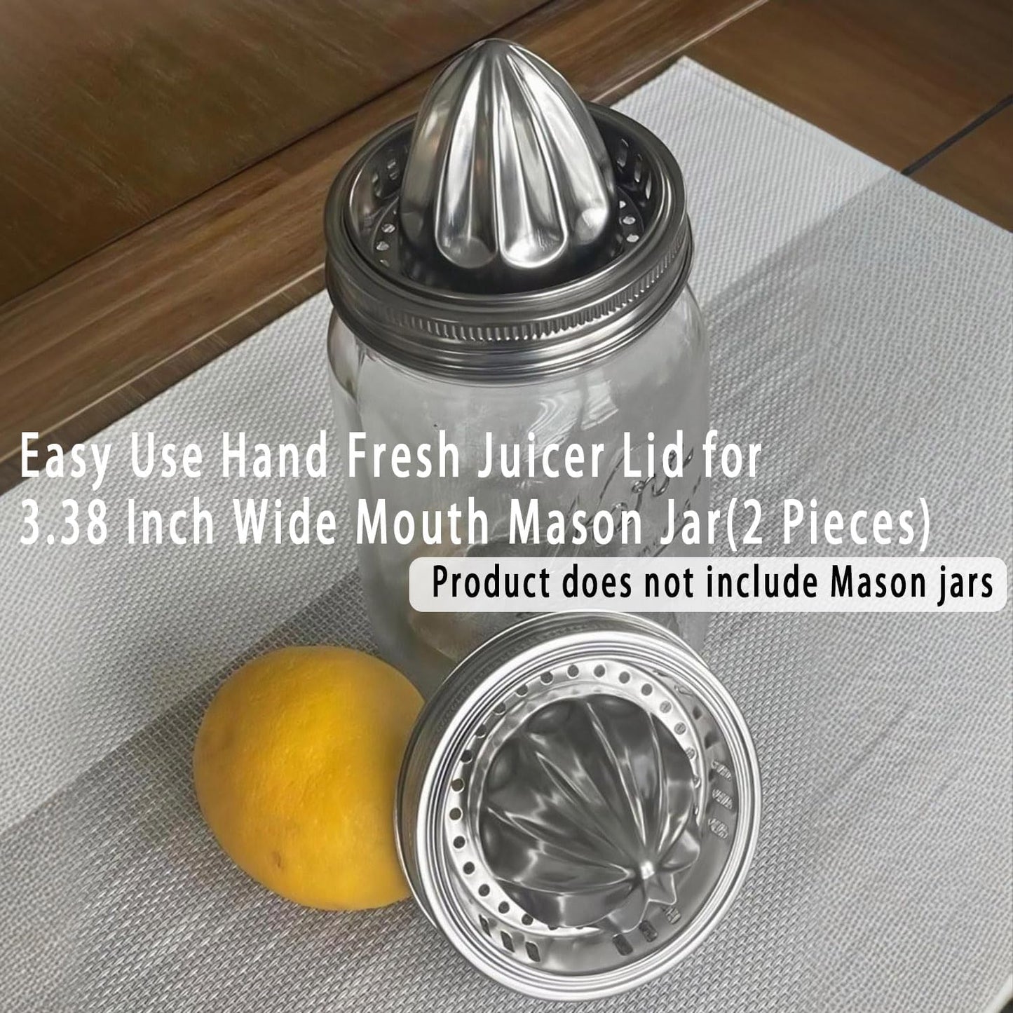 2Pcs Stainless Steel Mason Jar Juicer Lid for 3.38 Inch Wide Mouth Mason Jar, Hand Squeezer Top for Citrus Lemon Orange Manual Citrus Juicer