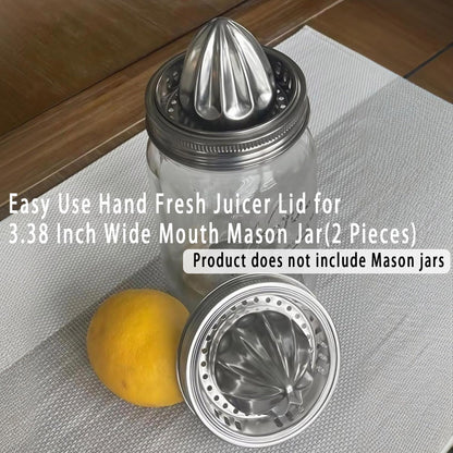 2Pcs Stainless Steel Mason Jar Juicer Lid for 3.38 Inch Wide Mouth Mason Jar, Hand Squeezer Top for Citrus Lemon Orange Manual Citrus Juicer