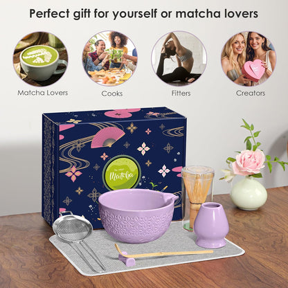 Matcha Whisk Set Matcha Kit - 7 Pcs Japanese Tea Set Includes Matcha Bowl with Spout,Bamboo Whisk with Ceramic Holder,Bamboo Scoop and Rest,Sifter,Tea Towel, for Ceremony Matcha Lovers Gift,Green