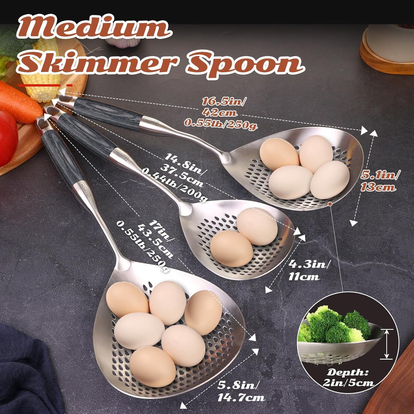MARTE Skimmer Slotted Spoon Set of 4 - Kitchen Pasta Strainer Spoon - Spider Strainer Skimmer Ladle Spoon with Holder for Cooking and Frying Food, Spaghetti, Vegetable, Dumpling - 14.8In,16.5In,17In