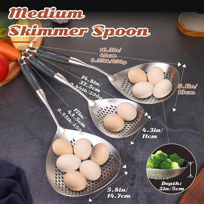 MARTE Skimmer Slotted Spoon Set of 4 - Kitchen Pasta Strainer Spoon - Spider Strainer Skimmer Ladle Spoon with Holder for Cooking and Frying Food, Spaghetti, Vegetable, Dumpling - 14.8In,16.5In,17In