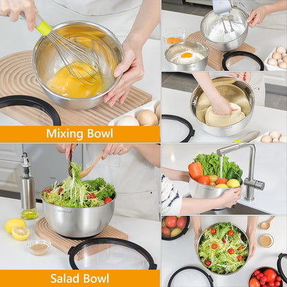 Rorence Mixing Bowls with Lids Set, Non Slip Silicone Bottom Stainless Steel Mixing Kitchen Bowls for Baking/Storage, Dishwasher Safe, 5/3/1.5QT