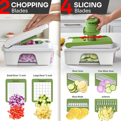 Mueller Pro-Series 10-in-1, 8 Blade Vegetable Chopper, Onion Mincer, Cutter, Dicer, Egg Slicer with Container, French Fry Cutter Potato Slicer, Home Essentials, Salad Chopper White Sand/Green