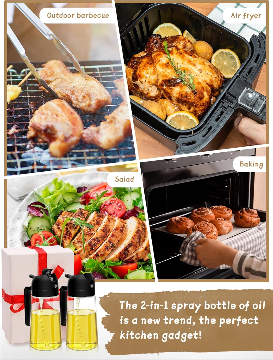 Oil Sprayer for Cooking 2pcs,2 in 1 Oil Dispenser and Oils Sprayer Kitchen Gadgets-16oz Glass Oils Spray Bottle,Mist Olive OilDispenser,Air Fryer,Salad,Grill (White Kitchen Accessories)