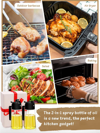 Oil Sprayer for Cooking 2pcs,2 in 1 Oil Dispenser and Oils Sprayer Kitchen Gadgets-16oz Glass Oils Spray Bottle,Mist Olive OilDispenser,Air Fryer,Salad,Grill (White Kitchen Accessories)