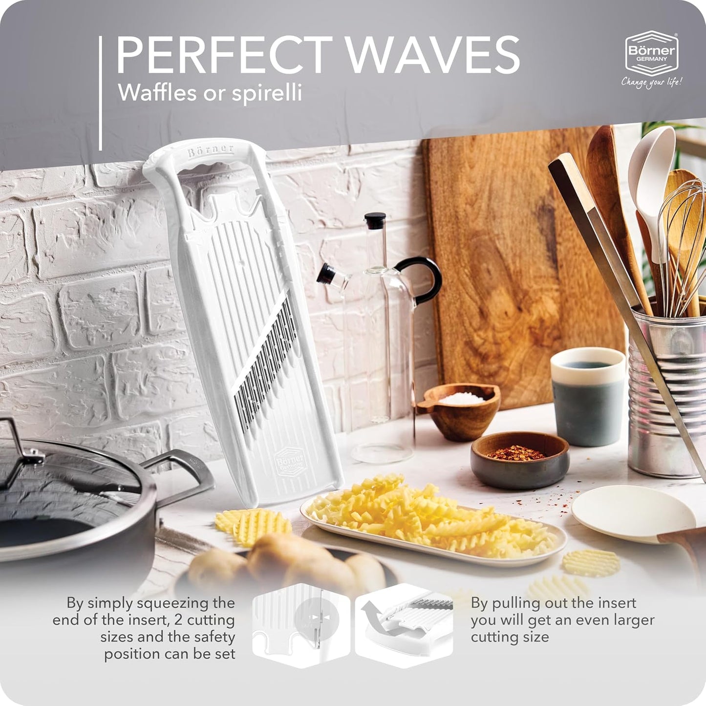 Börner by Reston Lloyd Wave-Waffle Power Line • Crinkle Cut/Spirelli Vegetable Slicer • Slicer for Wave Waffle Cut Style • Multiple Thickness Options • Made in Germany, Orange