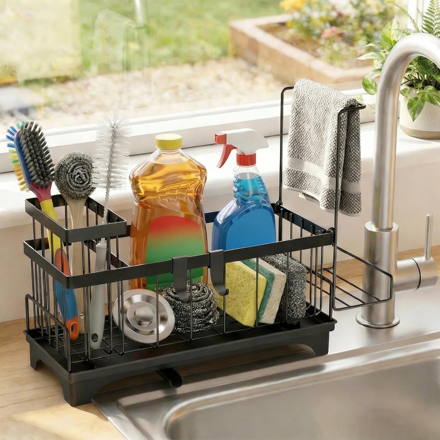 Sponge Holder for Kitchen Sink, Sink Caddy Organizer with Detachable Cloth & Brush Holder, Self-Draining Sponge Caddy Organizer with 360° Rotatable Spout, Kitchen Countertop Storage Accessories(White)