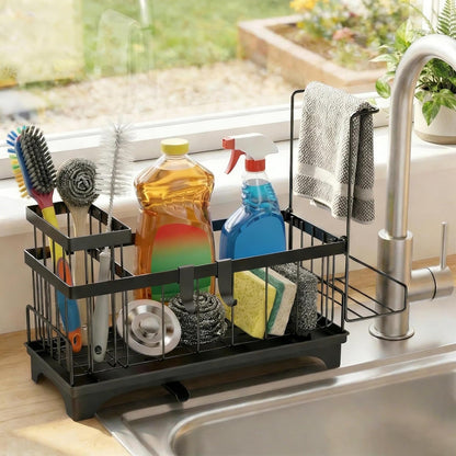 Sponge Holder for Kitchen Sink, Sink Caddy Organizer with Detachable Cloth & Brush Holder, Self-Draining Sponge Caddy Organizer with 360° Rotatable Spout, Kitchen Countertop Storage Accessories(White)
