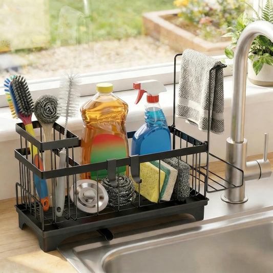 Sponge Holder for Kitchen Sink, Sink Caddy Organizer with Detachable Cloth & Brush Holder, Self-Draining Sponge Caddy Organizer with 360° Rotatable Spout, Kitchen Countertop Storage Accessories(White)