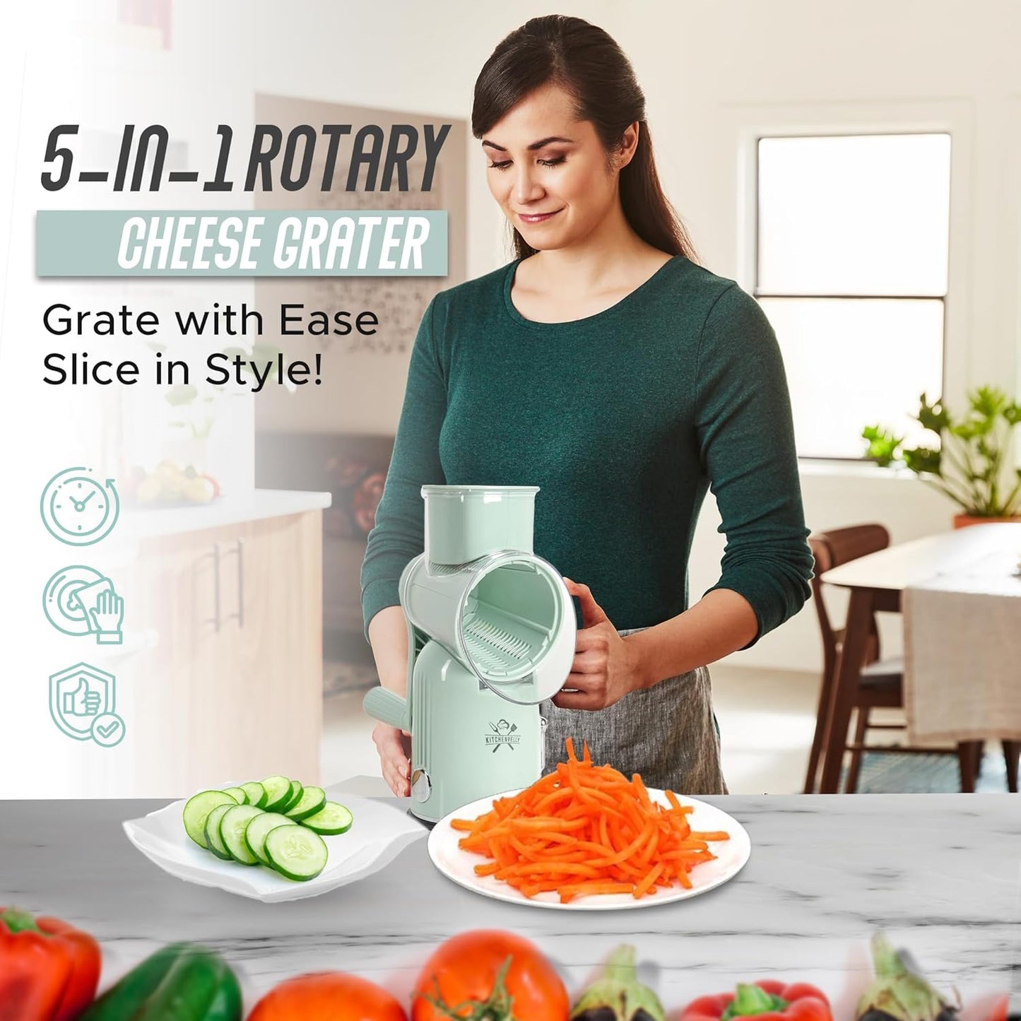 Rotary Cheese Grater Hand Crank, 5 in 1 Vegetable Slicer, Manual Cheese Shredder with Stainless Steel Blades, Food Grater for Cheese Vegetables Nuts, Suction Base, Easy Clean, Beige
