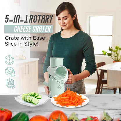 Rotary Cheese Grater Hand Crank, 5 in 1 Vegetable Slicer, Manual Cheese Shredder with Stainless Steel Blades, Food Grater for Cheese Vegetables Nuts, Suction Base, Easy Clean, Beige
