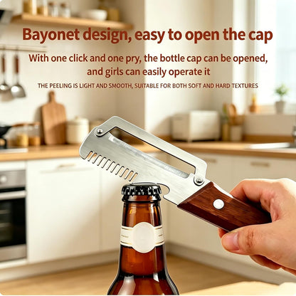 Multi-Functional Vegetable Peeler, 3 in 1 Multi Functional Wooden Handle Peeler and Bottle Opener,Kitchen Gadgets Tool，Grater & Bottle Opener for Potato, Carrot, Apple, Fruit & Vegetable (1pcs)