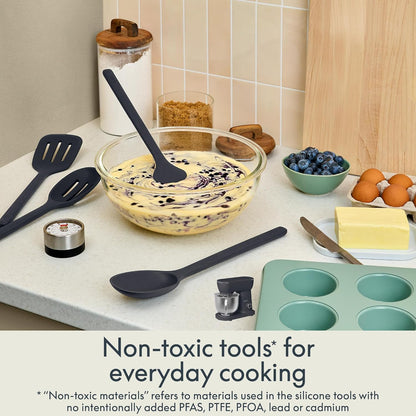 bella 5-Piece Kitchen Tool Set with Magnetic Rack, Silicone, Turner, Spoon, Slotted Spoon, Spatula, Utensil Holder, Magnetic Holder, Non-toxic*, Food-grade, Heat safe to 425°F, Dishwasher Safe, Slate