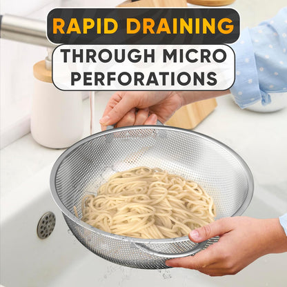 Stainless Steel Strainer Bowl With Handles - 5Qt Rice Washer Strainer Bowl for Grains, Beans, Spaghetti, Veggies, Fruits - Dishwasher Safe & Rust-Resistant Metal Strainers for Kitchen With Fine Holes