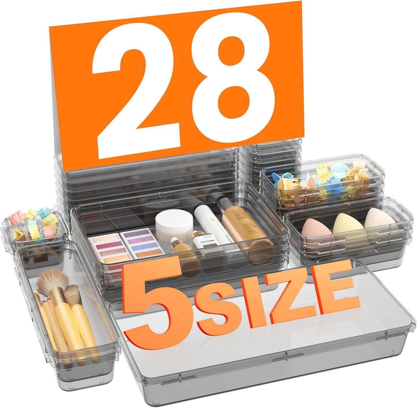 A-LuGei 【Military Grade】 Drawer Organizer, 【𝟱𝗦𝗶𝘇𝗲】 Makeup organizer, 【Holds 177 Items】 Bathroom Organizers and Storage, Organization and Storage, Desk Drawer Organizer for Vanity (Clear)