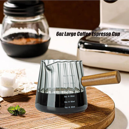 FANTESTICRYAN 6OZ Measuring Cup, Ribbed Borosilicate Glass Espresso Cup, V-Shaped Spout Drain Espresso Double Shots, Coffee Milk Tea Accessories (Clear, Glass Handle)