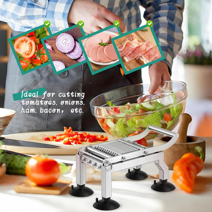 Newhai Commercial Tomato Slicer 0.4”/10mm Thickness Manual Tomato Cucumber Onion Ham Egg Cutter Heavy Duty Stainless Steel Slicer Tool with 4 Suction Cups for Restaurant Home Use