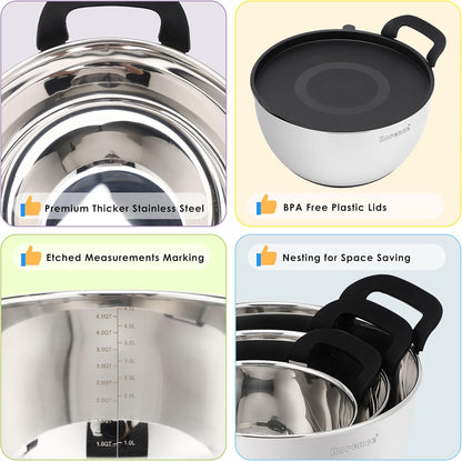 Rorence Stainless Steel Mixing Bowls: Stackable Mixing Bowl Set with Lids and Handles Non-slip Silicone Bottom Nesting Bowls for Kitchen Set of 3 - Blue