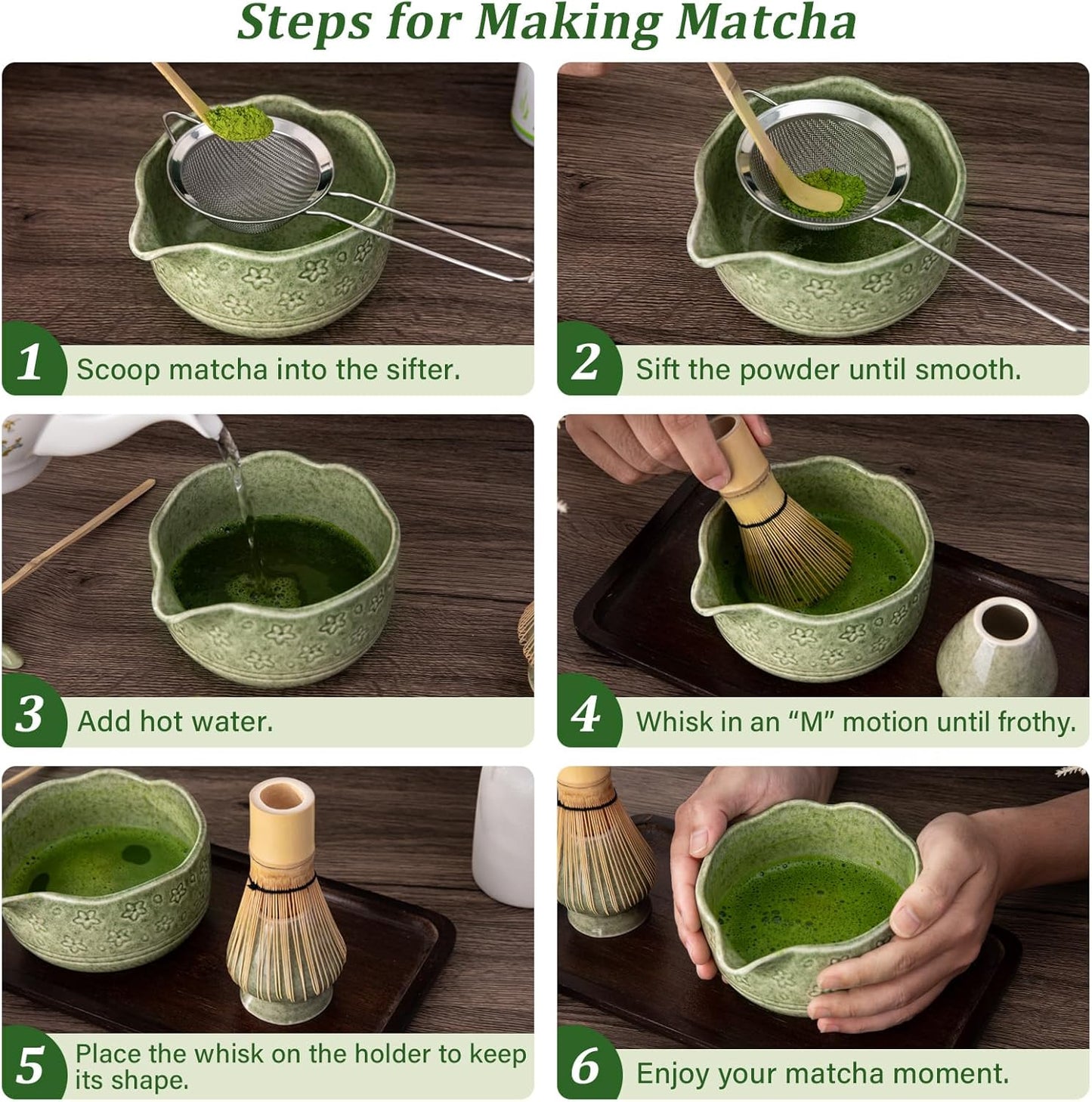ALBISS Matcha Whisk Set - 7 Pcs Ceramic Matcha Kit with 18oz Spout Bowl & Cherry Blossom Design, Bamboo Whisk & Holder, Scoop, Rest, Sifter, Towel, Elegant Japanese Tea Gift Set for Macha Lover, Green