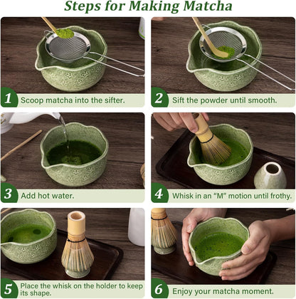 ALBISS Matcha Whisk Set - 7 Pcs Ceramic Matcha Kit with 18oz Spout Bowl & Cherry Blossom Design, Bamboo Whisk & Holder, Scoop, Rest, Sifter, Towel, Elegant Japanese Tea Gift Set for Macha Lover, Green
