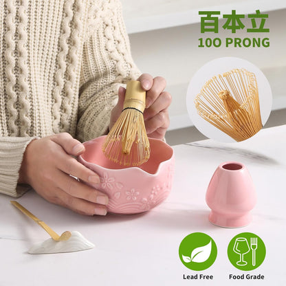 Matcha Whisk Set, 5 Pcs Ceramic Matcha Set, Matcha Kit Set Includes Matcha Bowl, Matcha Whisk and Holder, Bamboo Scoop and Sifter, Matcha Tea Set, Ideal Gift for Family/Friend (Pink)